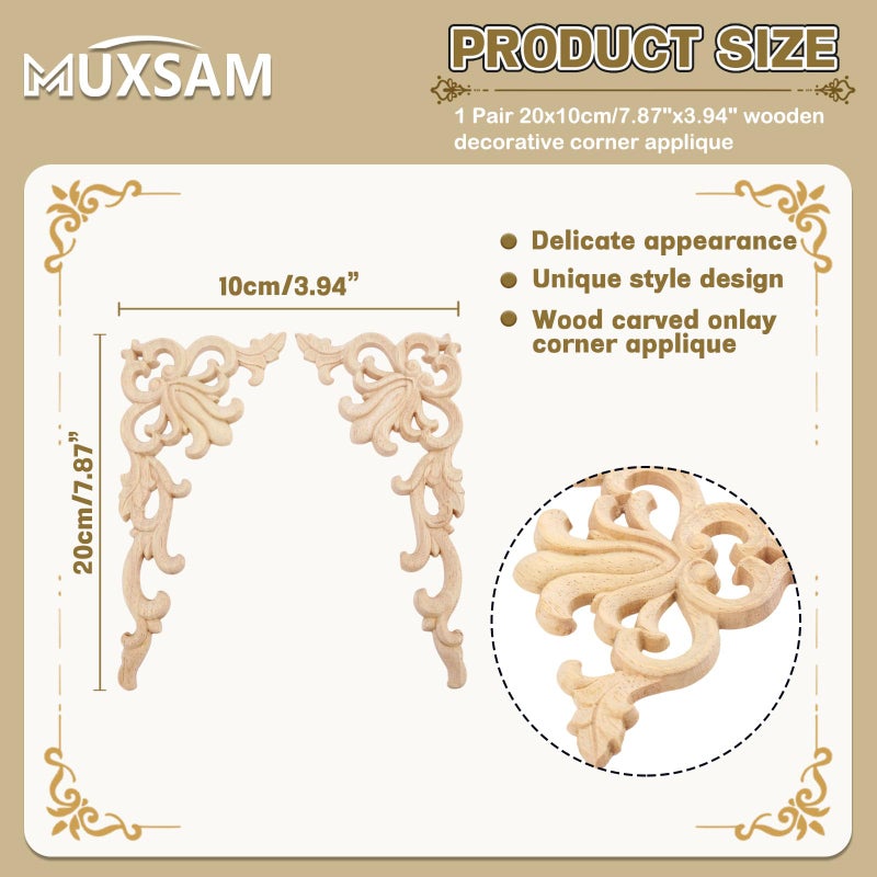 MUXSAM 1-Pair Wood Carved Onlays, 20x10cm/7.87"x3.94", Left&Right Decorated Furniture Appliques, Wooden Carving Corner Decals for Cabinet Drawer Cupboard Dresser Mirror Door Wall Bed DIY Projects - Image 2
